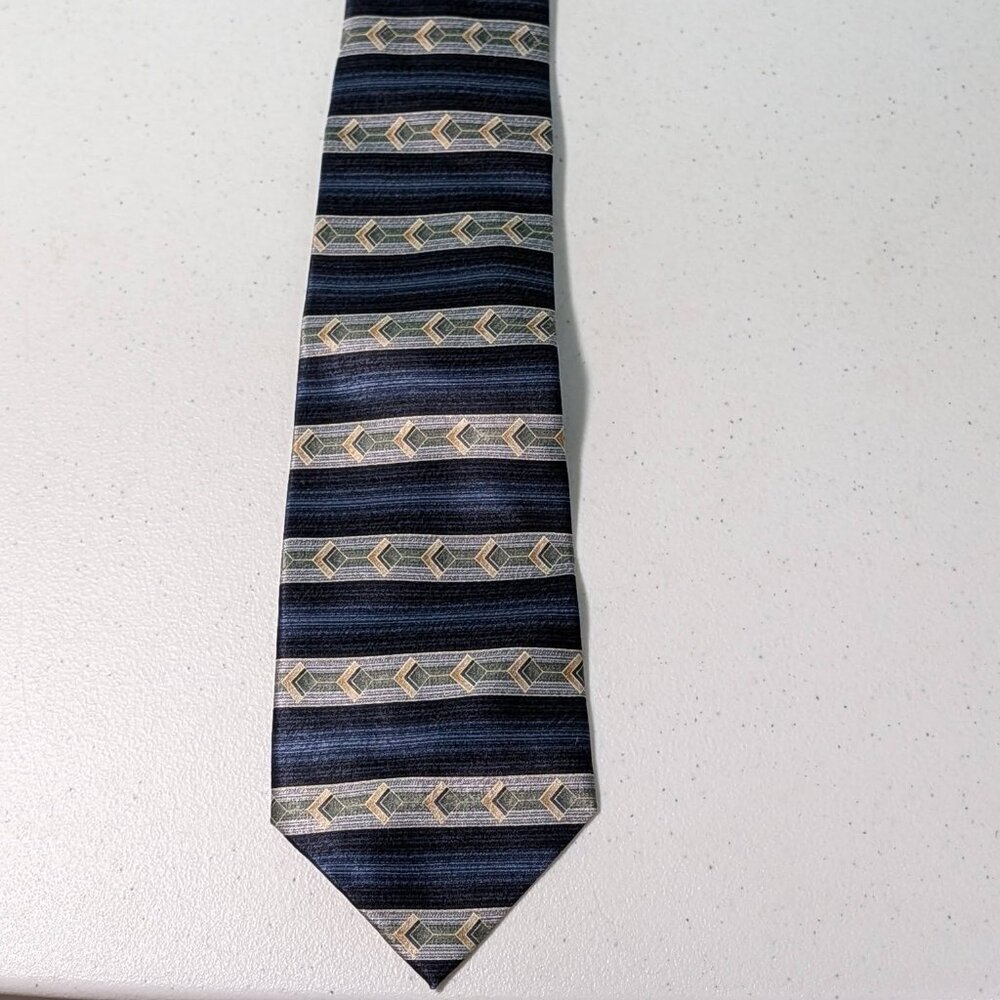 Pierre Cardin Geo Striped Blue 100% Silk Made In Korea Necktie‎